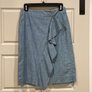 Jcrew chambray pencil skirt with ruffle.